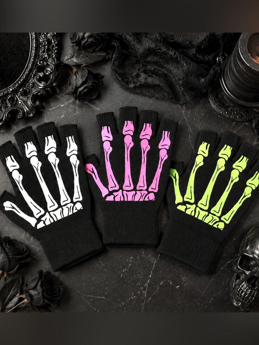 Skeleton Bone Glove Fingerless Mittens New